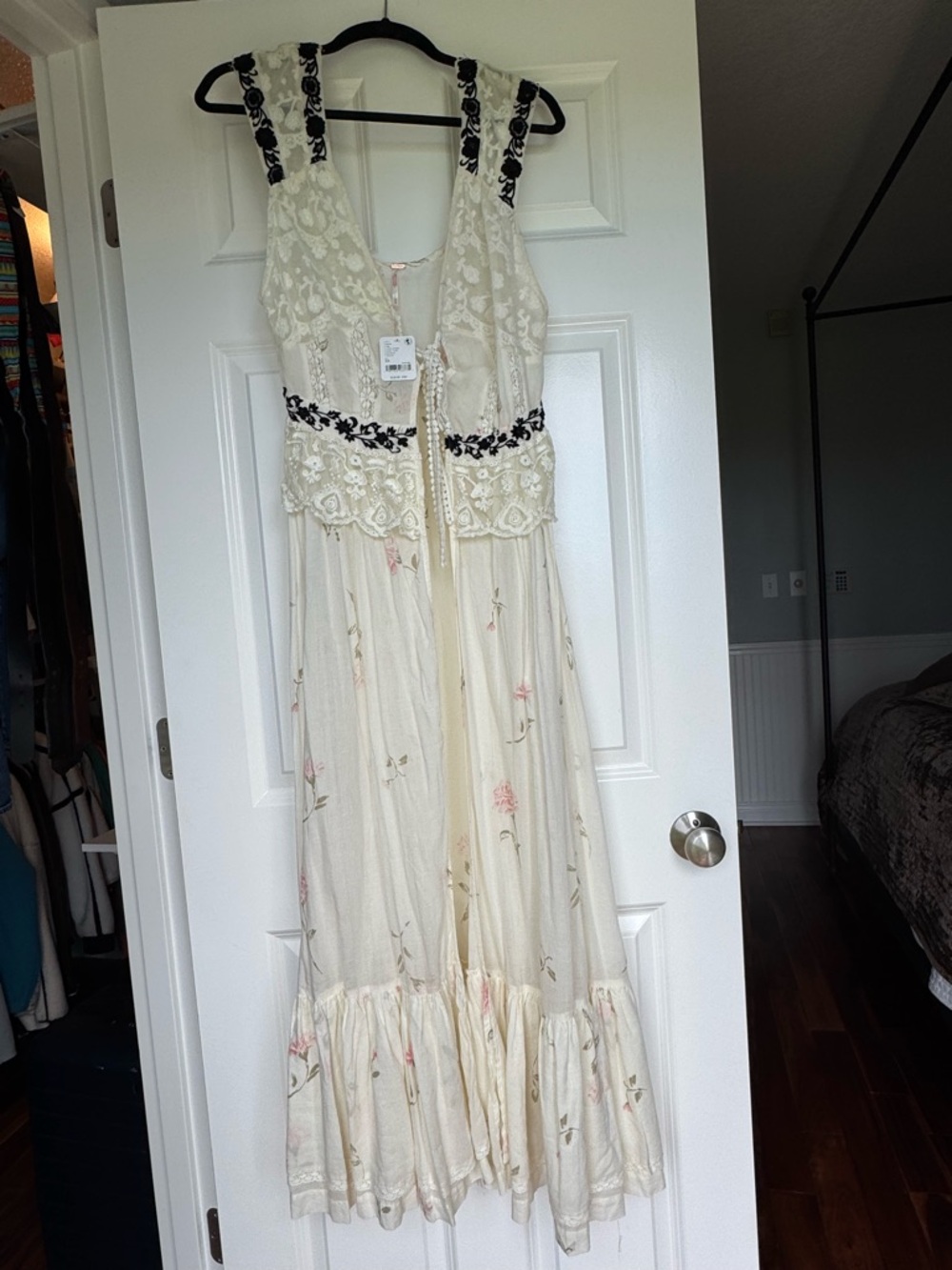 Free People Ivory Lace Tank Top with Black Floral Trim - Picture 2 of 9